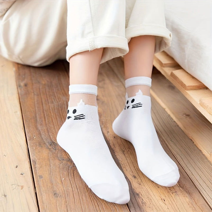 3 Pair Cute Cartoon Cat Pattern Mesh Comfy Crew Socks - SocksLtd