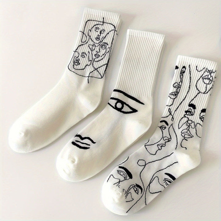 3 Pairs Abstract Print Trendy Soft Crew Socks - SocksLtd