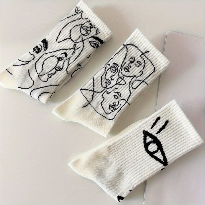 3 Pairs Abstract Print Trendy Soft Crew Socks - SocksLtd