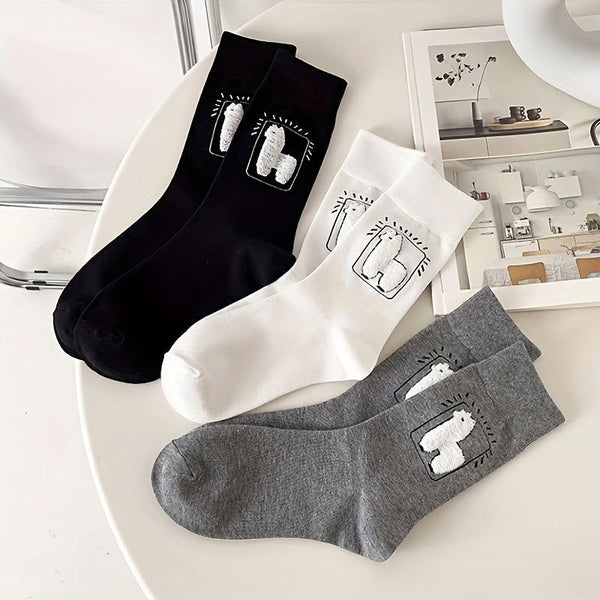 3 Pairs Cute Alpaca Cartoon  Elegant Casual Cute Crew Socks - SocksLtd