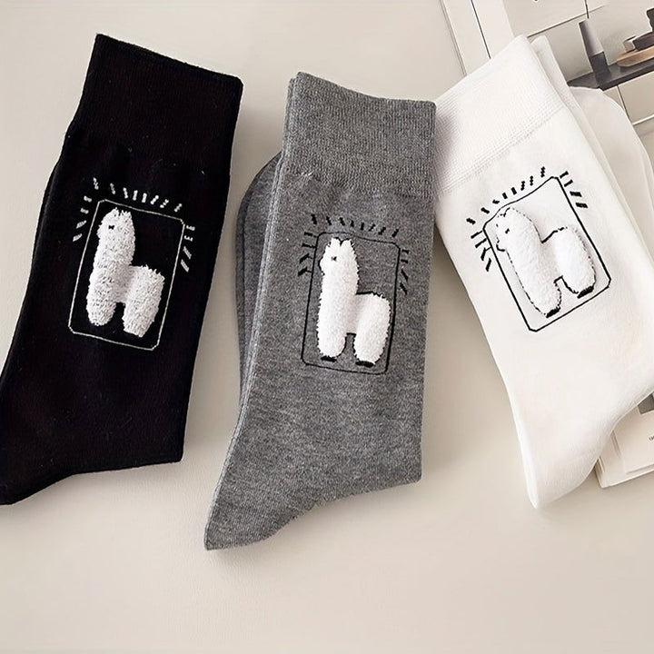 3 Pairs Cute Alpaca Cartoon  Elegant Casual Cute Crew Socks - SocksLtd