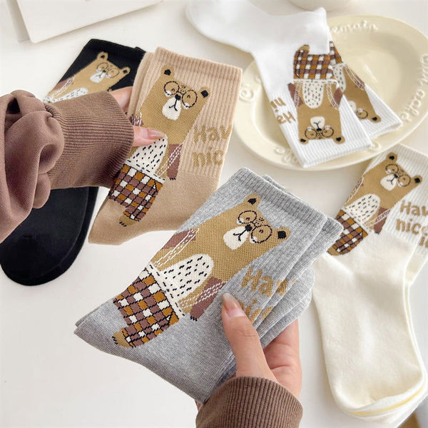 3 Pairs Cute Glasses Bear Casual Crew Socks - SocksLtd