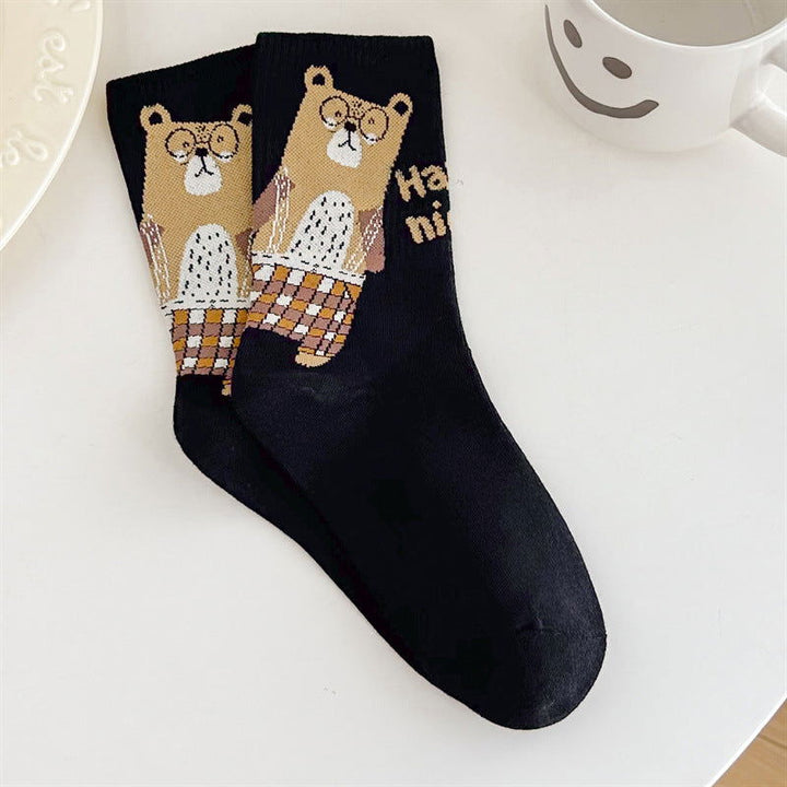 3 Pairs Cute Glasses Bear Casual Crew Socks - SocksLtd