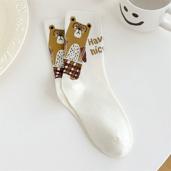 3 Pairs Cute Glasses Bear Casual Crew Socks - SocksLtd