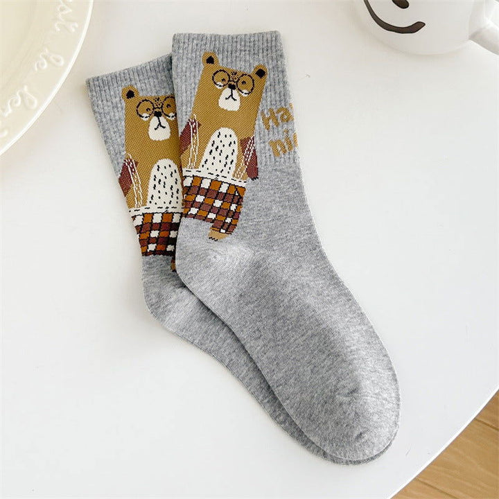 3 Pairs Cute Glasses Bear Casual Crew Socks - SocksLtd