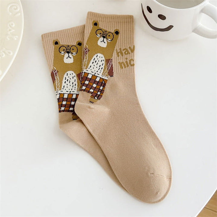 3 Pairs Cute Glasses Bear Casual Crew Socks - SocksLtd