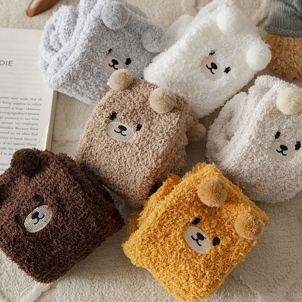 3 Pairs  Cute Bear Fuzzy Coral Fleece Thermal Crew Socks - SocksLtd