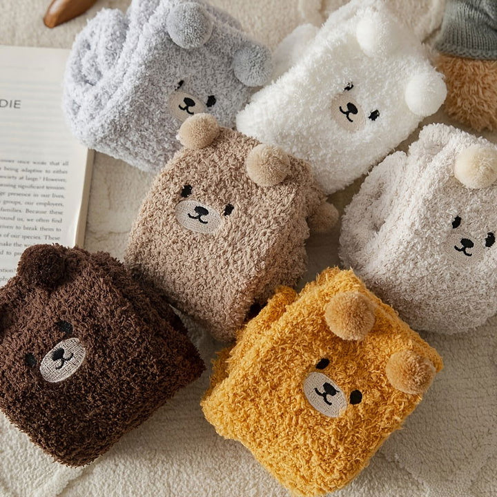 3 Pairs  Cute Bear Fuzzy Coral Fleece Thermal Crew Socks - SocksLtd