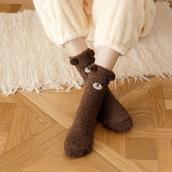 3 Pairs  Cute Bear Fuzzy Coral Fleece Thermal Crew Socks - SocksLtd