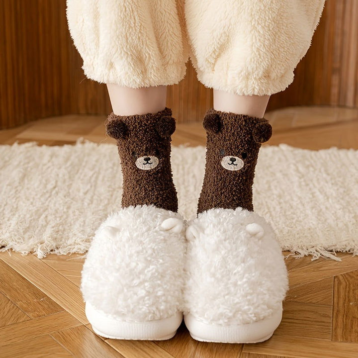 3 Pairs  Cute Bear Fuzzy Coral Fleece Thermal Crew Socks - SocksLtd