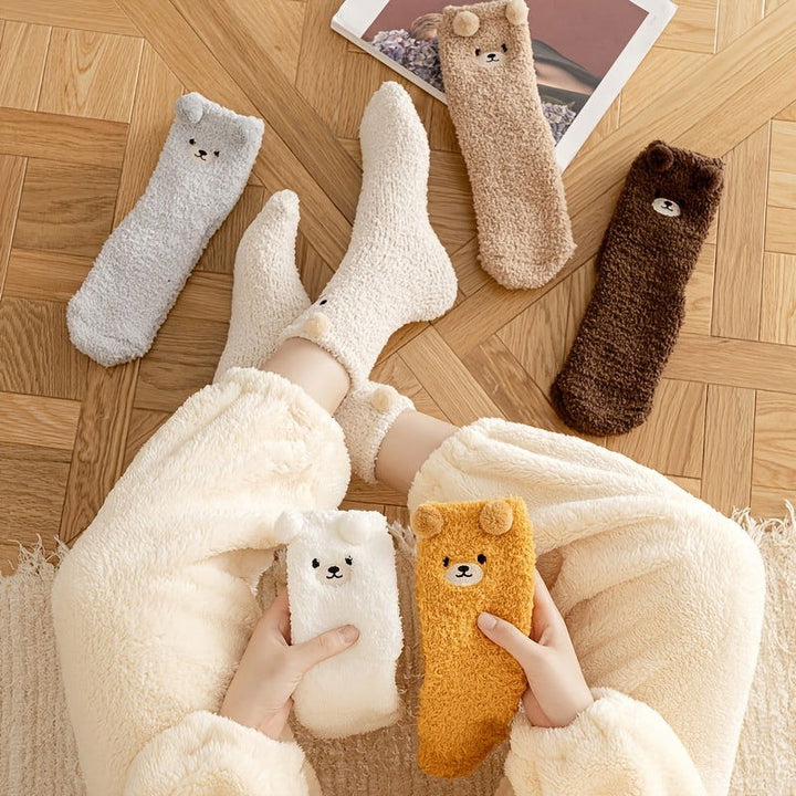 3 Pairs  Cute Bear Fuzzy Coral Fleece Thermal Crew Socks - SocksLtd
