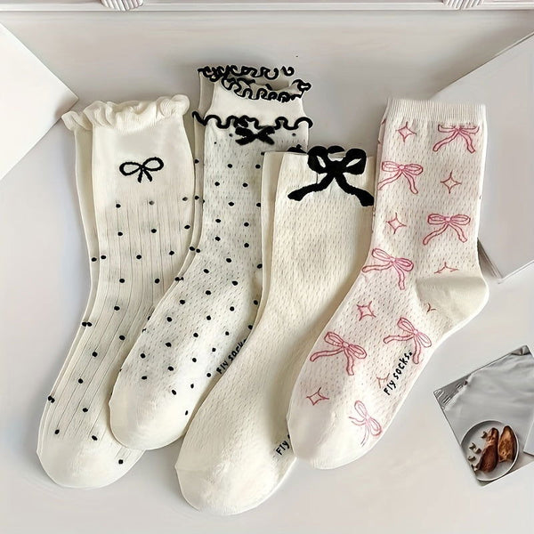 4 Pairs Cute Bow Sweet Breathable Mid Tube Crew Socks - SocksLtd