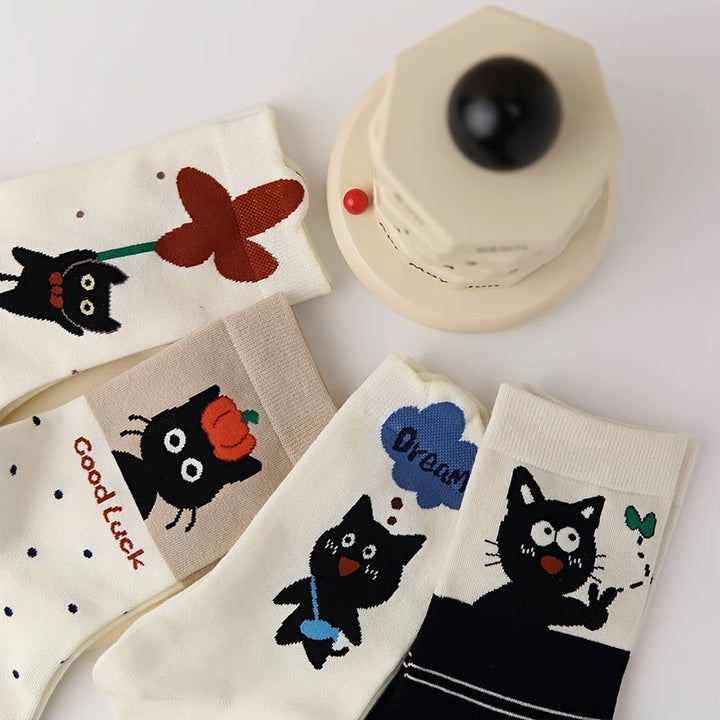 4 Pairs Cute Cat Mid Calf Crew Socks - SocksLtd