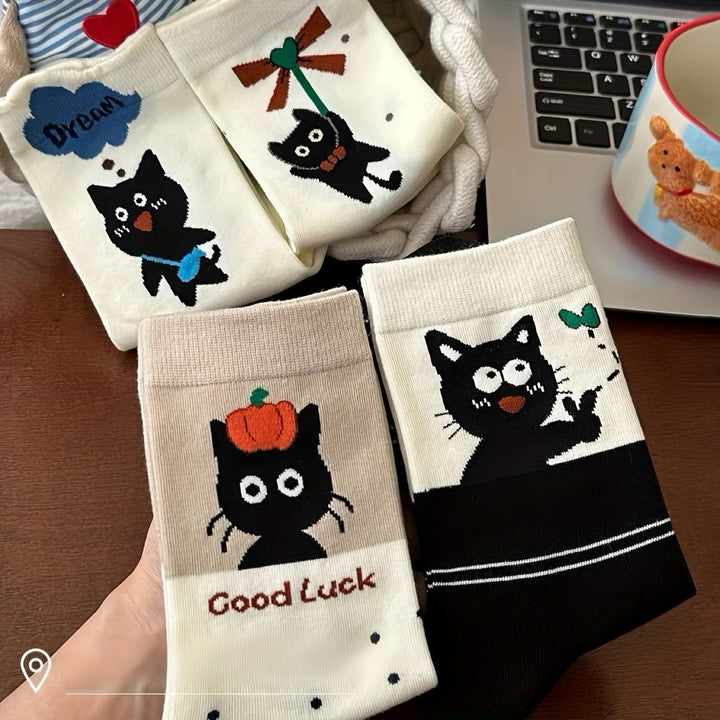 4 Pairs Cute Cat Mid Calf Crew Socks - SocksLtd