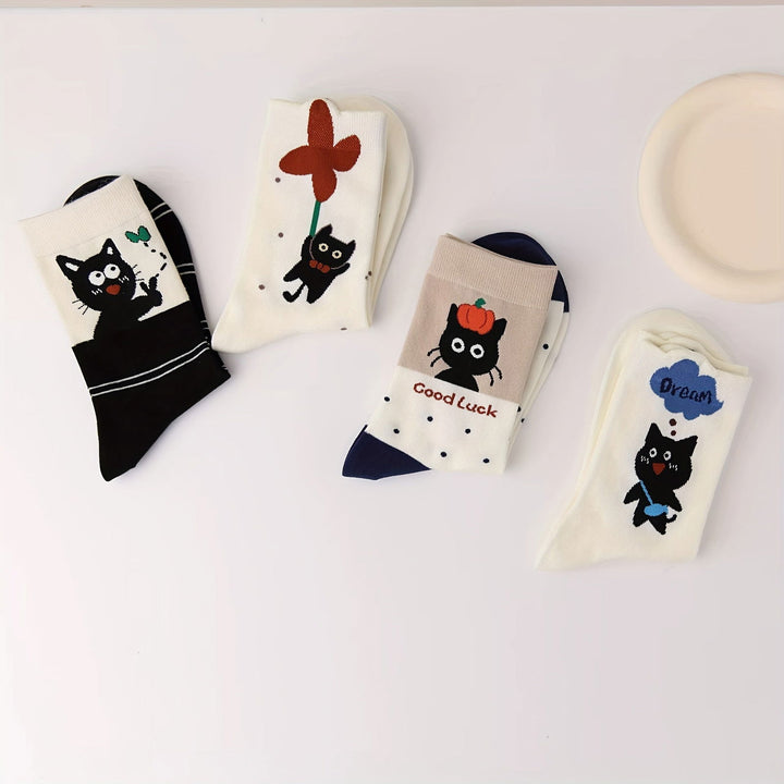 4 Pairs Cute Cat Mid Calf Crew Socks - SocksLtd