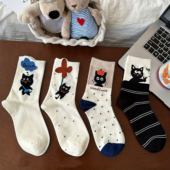 4 Pairs Cute Cat Mid Calf Crew Socks - SocksLtd