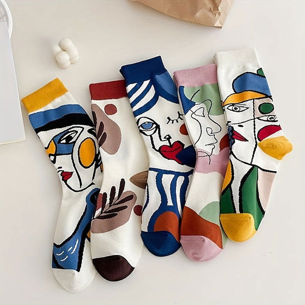 5 Pairs Abstract Face College Style  Mid Tube Crew Socks - SocksLtd