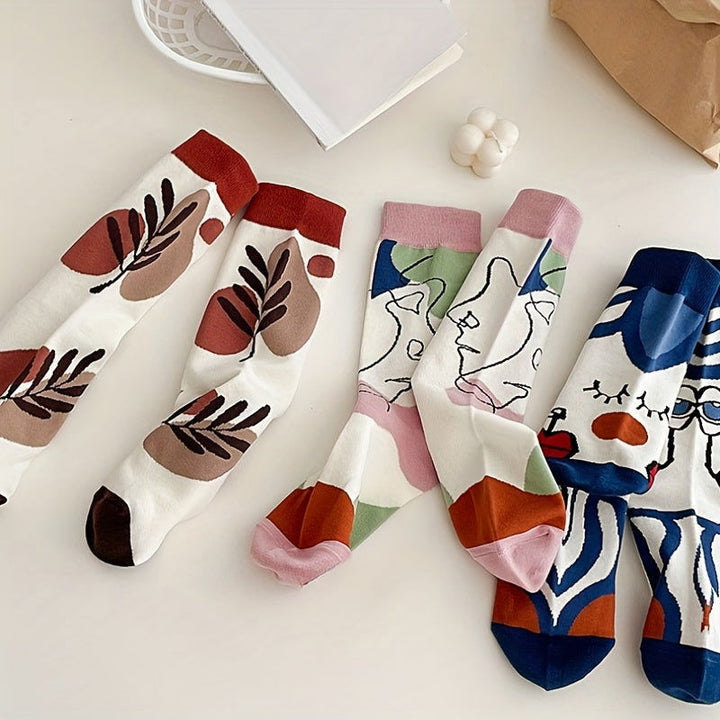 5 Pairs Abstract Face College Style  Mid Tube Crew Socks - SocksLtd