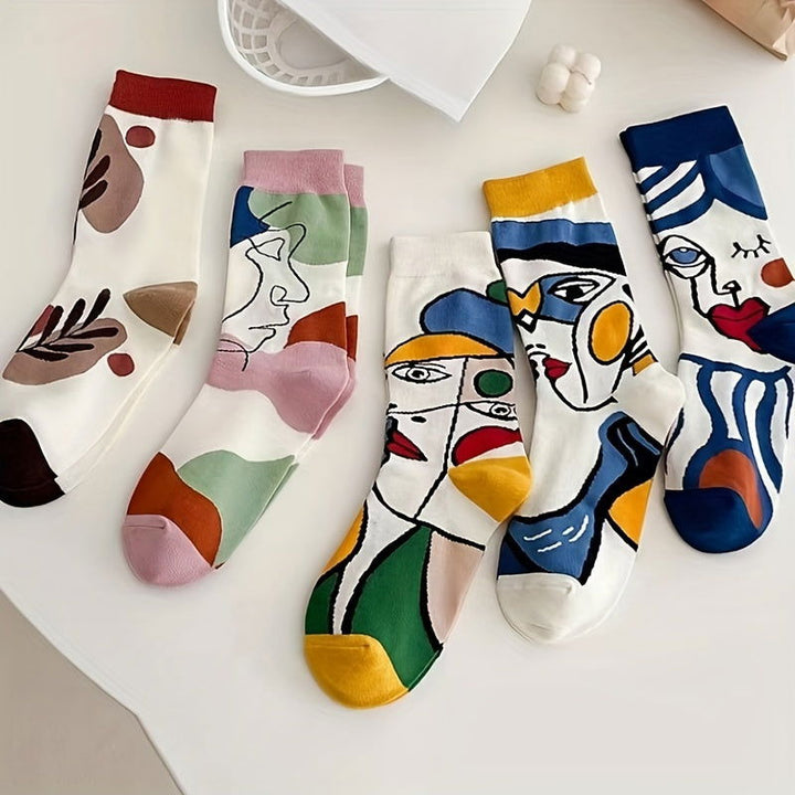 5 Pairs Abstract Face College Style  Mid Tube Crew Socks - SocksLtd
