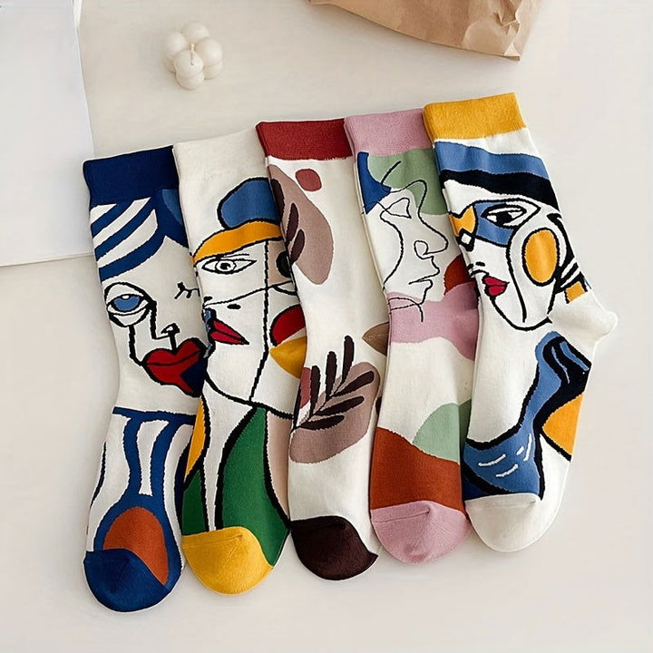 5 Pairs Abstract Face College Style  Mid Tube Crew Socks - SocksLtd
