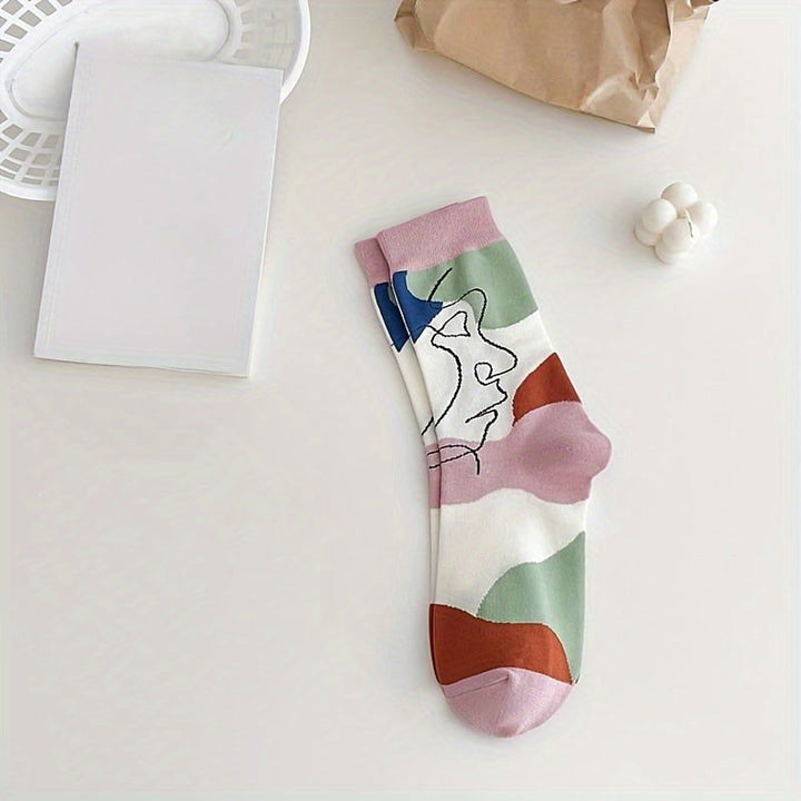 5 Pairs Abstract Face College Style  Mid Tube Crew Socks - SocksLtd