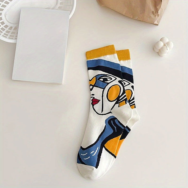 5 Pairs Abstract Face College Style  Mid Tube Crew Socks - SocksLtd
