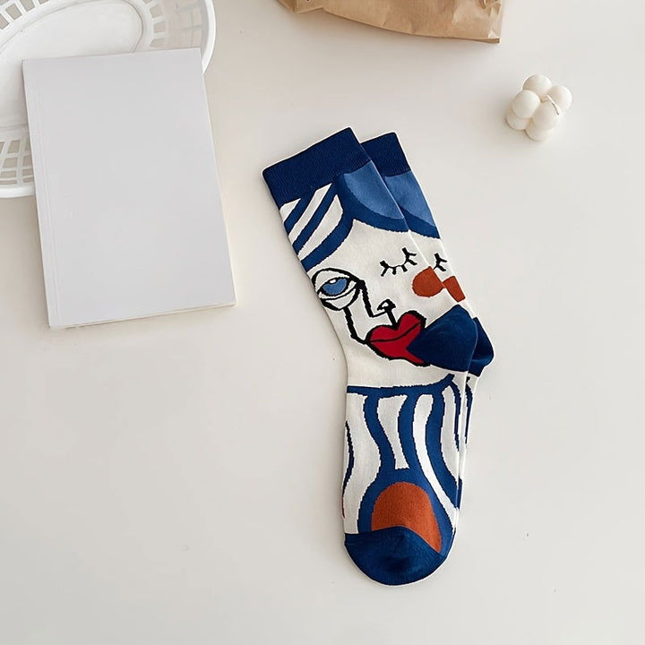 5 Pairs Abstract Face College Style  Mid Tube Crew Socks - SocksLtd