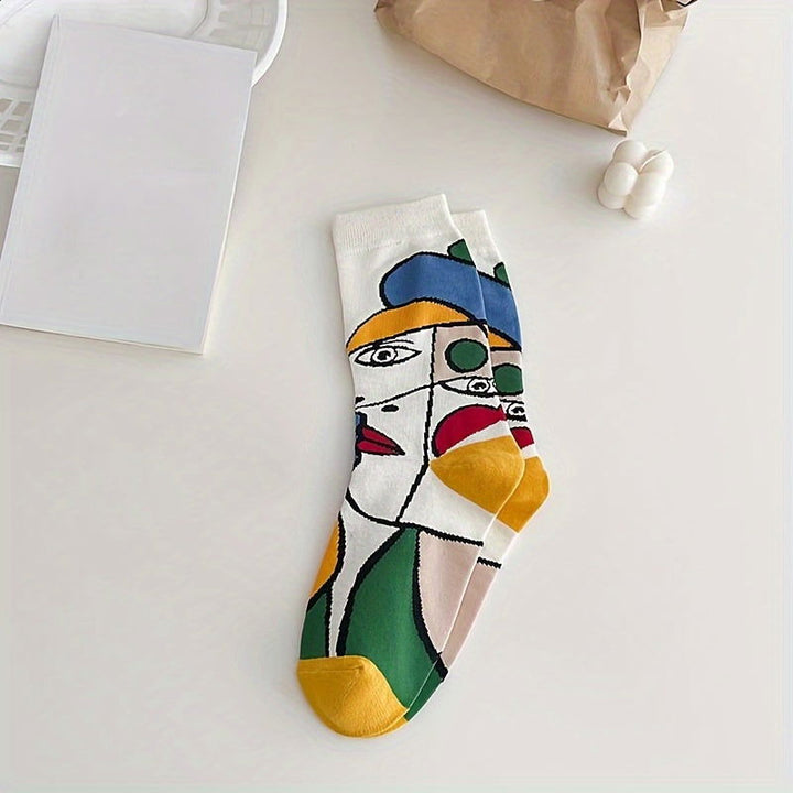 5 Pairs Abstract Face College Style  Mid Tube Crew Socks - SocksLtd