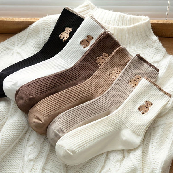 5 Pairs Bear Cute  Breathable Mid Tube Crew Socks - SocksLtd