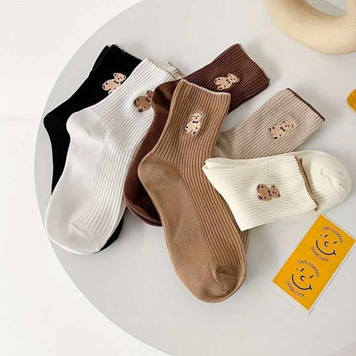 5 Pairs Bear Cute  Breathable Mid Tube Crew Socks - SocksLtd