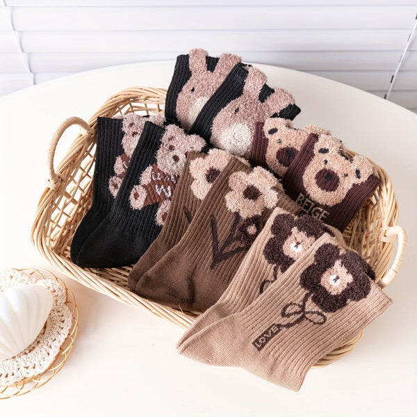 5 Pairs Bear Pattern Cute Warm Mid Tube Crew Socks - SocksLtd