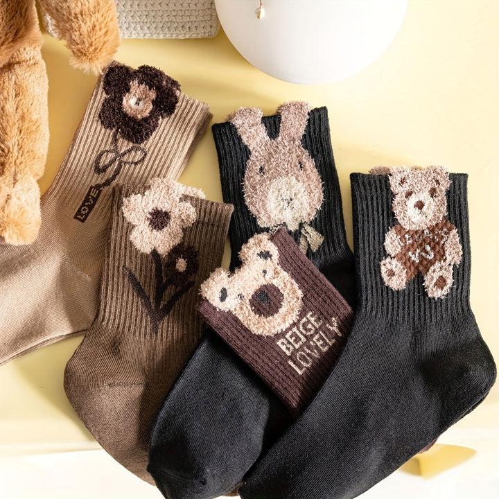5 Pairs Bear Pattern Cute Warm Mid Tube Crew Socks - SocksLtd