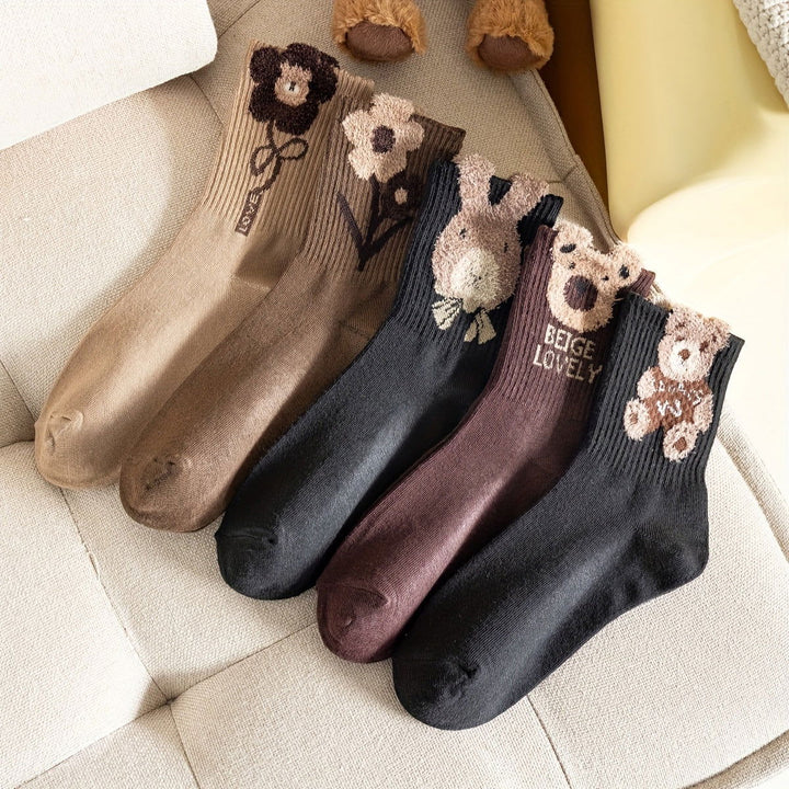 5 Pairs Bear Pattern Cute Warm Mid Tube Crew Socks - SocksLtd