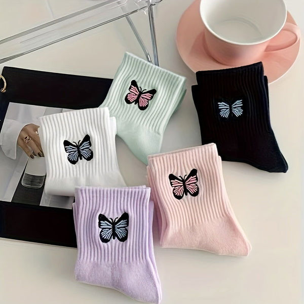 5 Pairs Butterfly Print Comfy  Breathable Crew Socks - SocksLtd