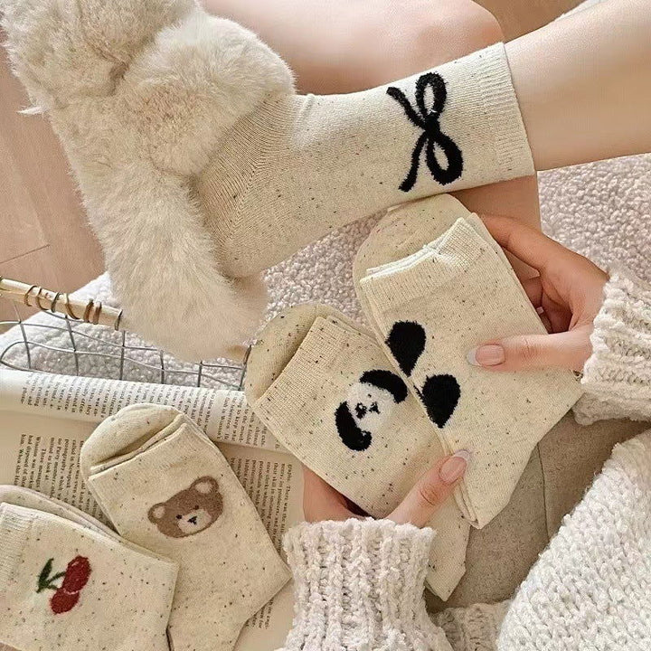 5 Pairs Butterfly knot Dot yarn Crew Socks - SocksLtd