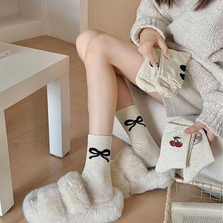 5 Pairs Butterfly knot Dot yarn Crew Socks - SocksLtd