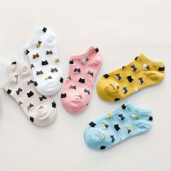 5 Pairs Cartoon Cat Casual Breathable Invisible Ankle Socks - SocksLtd