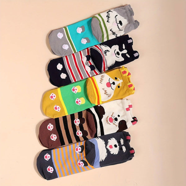 5 Pairs Cartoon Dog Print Cute Breathable Crew Socks - SocksLtd