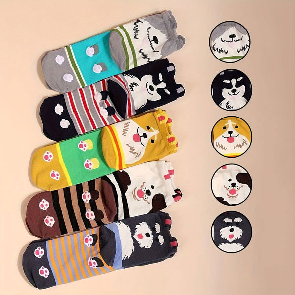 5 Pairs Cartoon Dog Print  Breathable Ankle Socks - SocksLtd