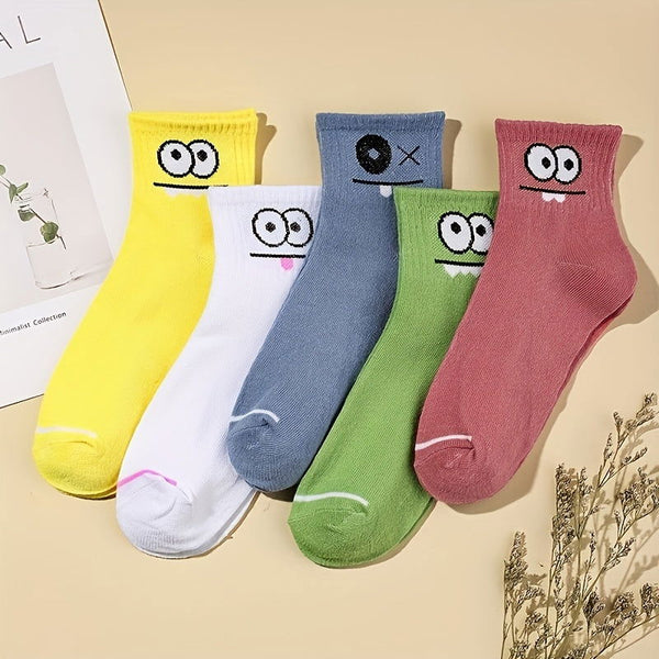 5 Pairs Cartoon Eyes Print Comfy Cute Crew Socks - SocksLtd