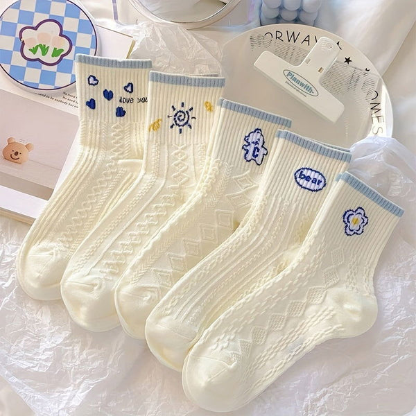 5 Pairs Cartoon Print Cute Mid Tube  Crew Socks - SocksLtd