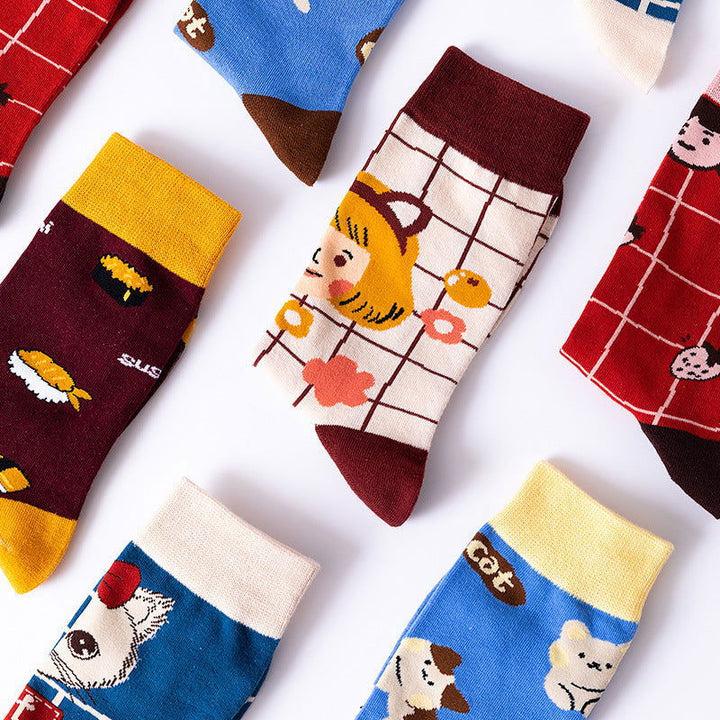 5 Pairs Cartoon illustration fashion Fun Crew Socks - SocksLtd