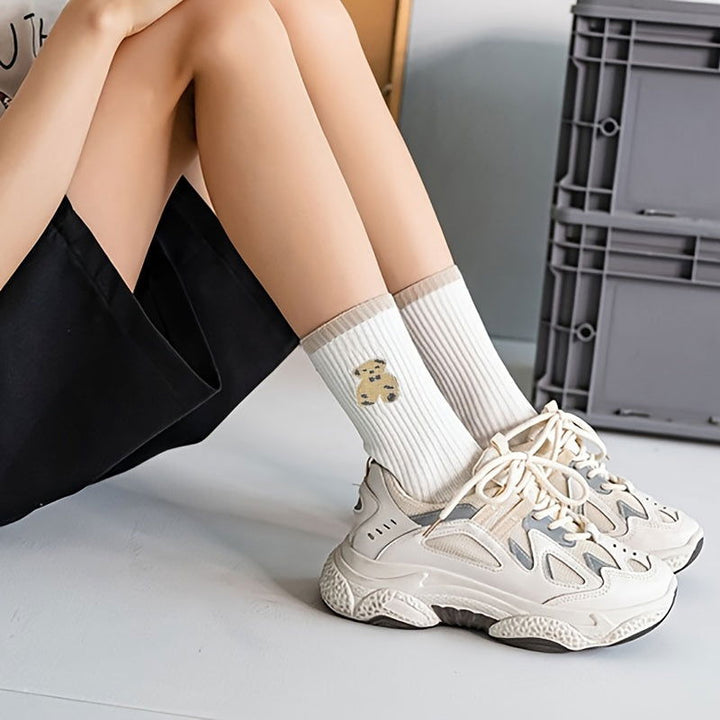 5 Pairs Cozy Bear Embroidered Fashion Crew Socks - SocksLtd