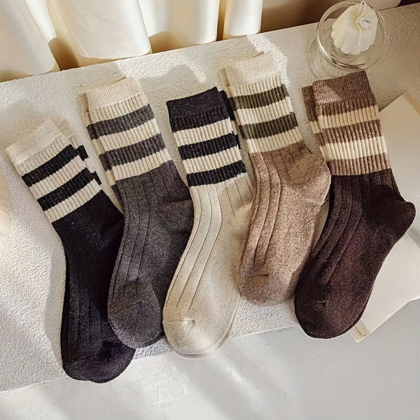 5 Pairs Cozy Striped Spandex Blend Crew Socks - SocksLtd