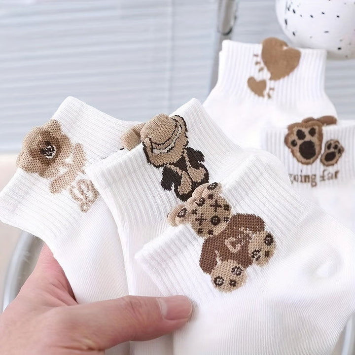 5 Pairs Cute 3D Cartoon Bear  Comfy Crew Socks - SocksLtd
