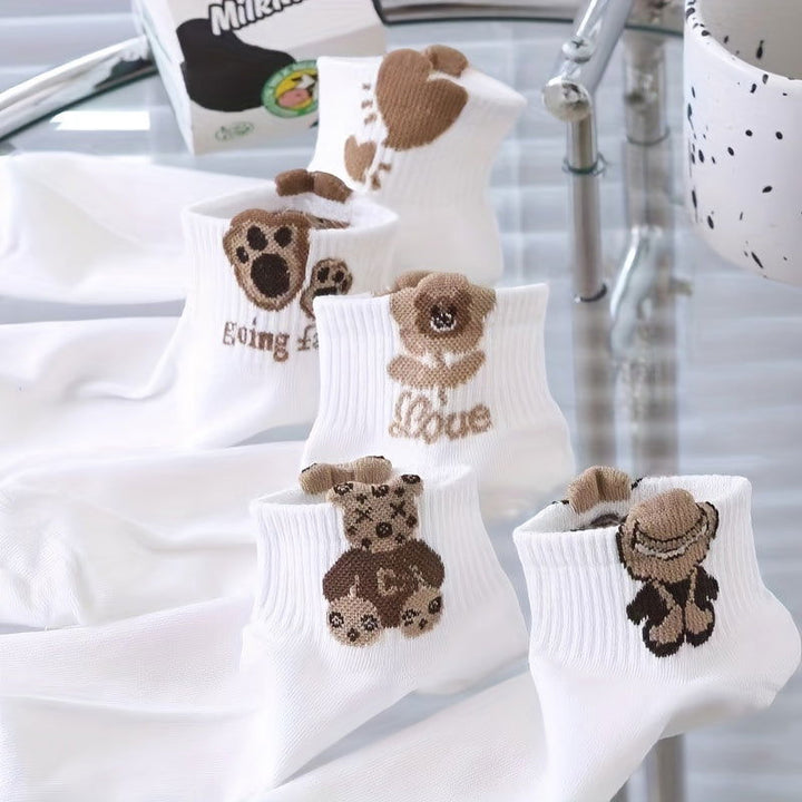 5 Pairs Cute 3D Cartoon Bear  Comfy Crew Socks - SocksLtd
