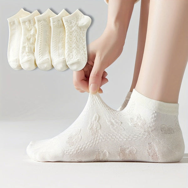 5 Pairs Cute 3D Textured Floral Trendy Casual Ankle Socks - SocksLtd