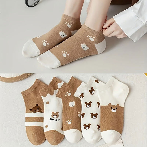 5 Pairs Cute Bear Elegant Casual Attire Ankle Socks - SocksLtd