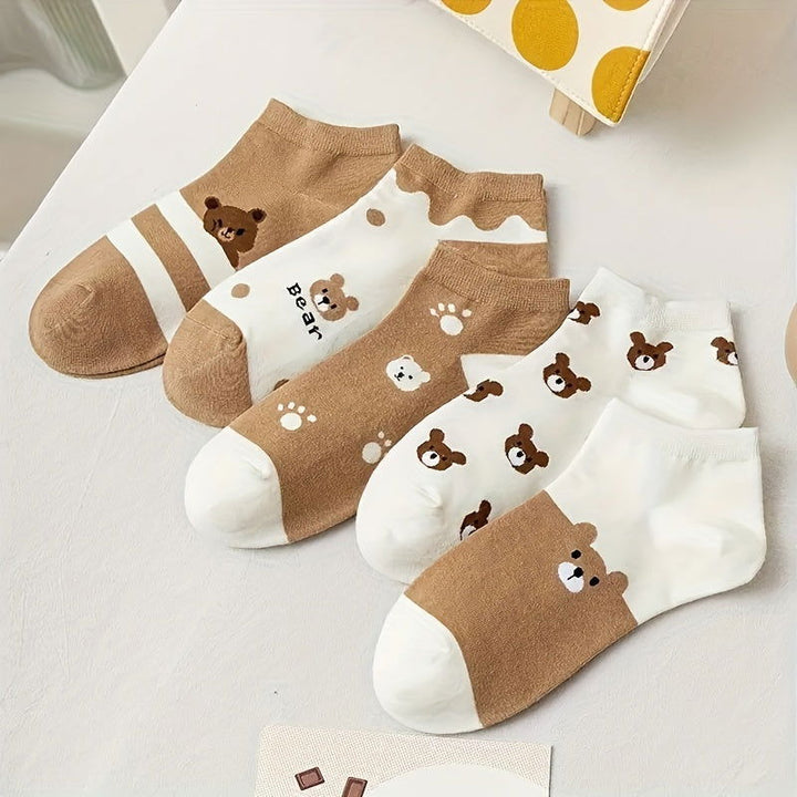 5 Pairs Cute Bear Elegant Casual Attire Ankle Socks - SocksLtd