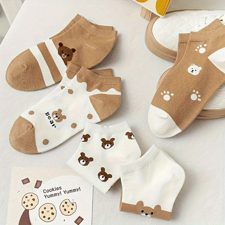5 Pairs Cute Bear Elegant Casual Attire Ankle Socks - SocksLtd